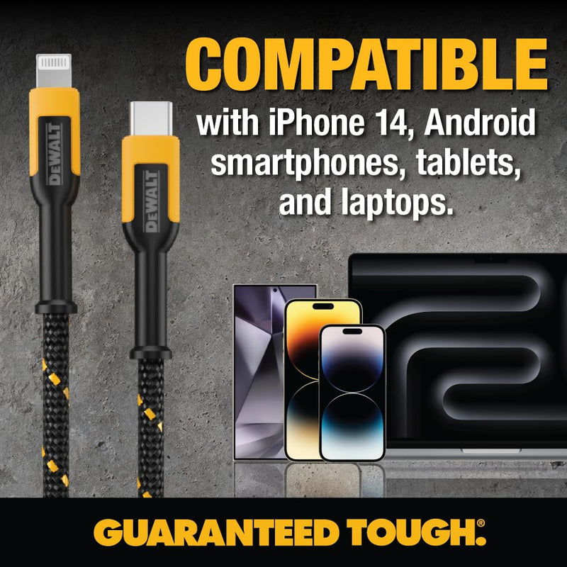 DEWALT Heavy Duty USB C to Lightning Cable [Apple MFi Certified] Durable iPhone Charger, Lightning Cables, Fast Charging iPhone Charger Cord Compatible w/iPhones 14/13/12/11 Pro Max iPad AirPods, 6FT 6 feet, 1-Pack