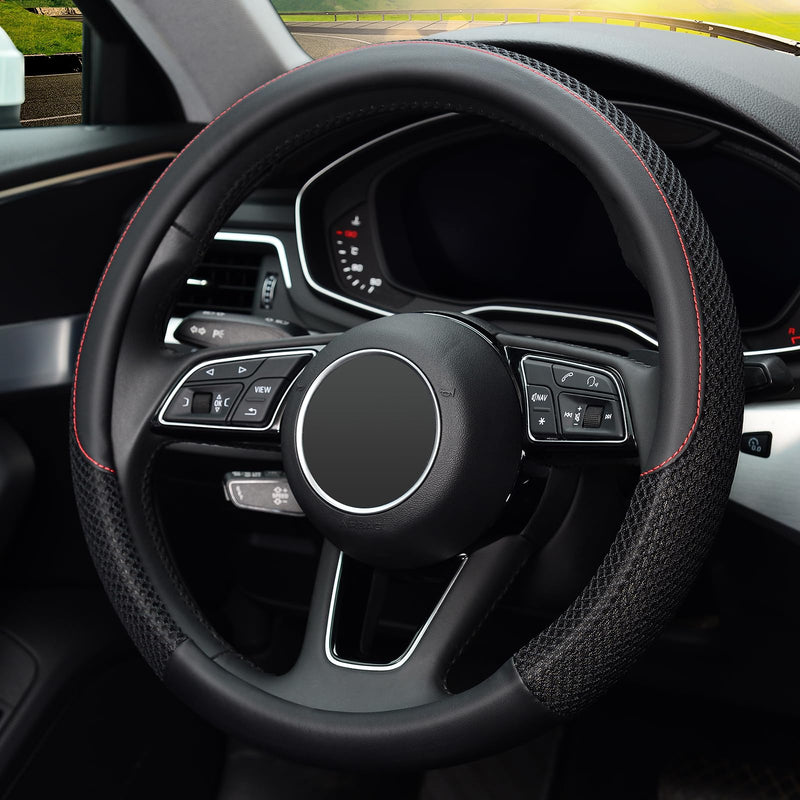 KAFEEK Steering Wheel Cover, Universal 15 inch, Microfiber Leather Viscose, Breathable, Anti-Slip,Warm in Winter and Cool in Summer, Black Standard size[14 1/2''-15'']