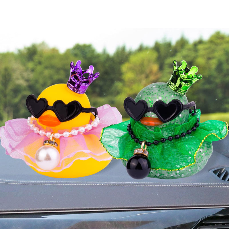 Rubber Duck Car Dashboard Decoration, Duck Car Ornament with Mini Crown Skirt Necklace Glasses for Cute Car Accessories, CF038A A1-purple Skirt-yellow