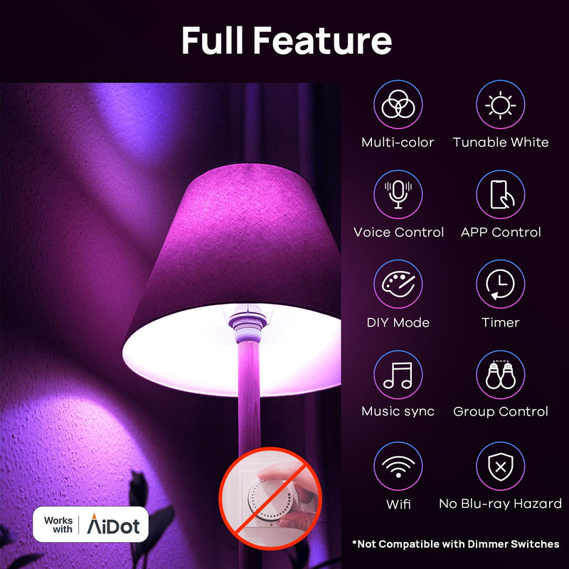 Linkind Matter Smart Light Bulb, WiFi Smart Bulbs, Work with Apple Home, Siri, Alexa, Google, SmartThings, AiDot, RGBTW Color Changing Bulbs Mood Lighting, Music Sync, A19 E26 60W, 2.4Ghz WiFi 6 Pack 6 Pack Matter-enabled