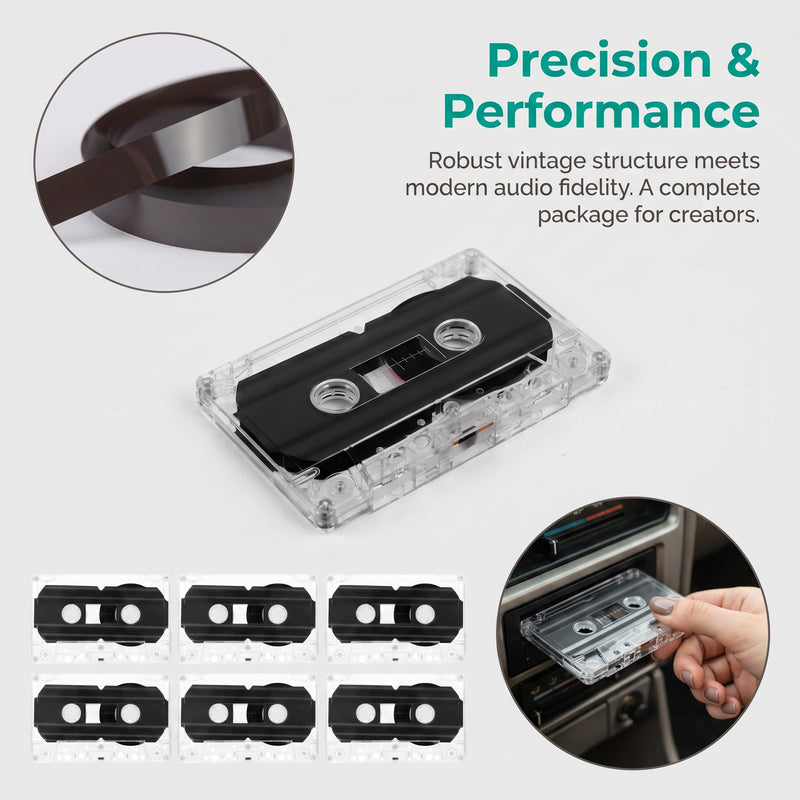 6 Pcs Blank Audio Cassette Tapes, Black Plastic 60-Minute, Recordable Tape Recorder Transparent Box Music Voice Memos (3.93x2.52 Inch)