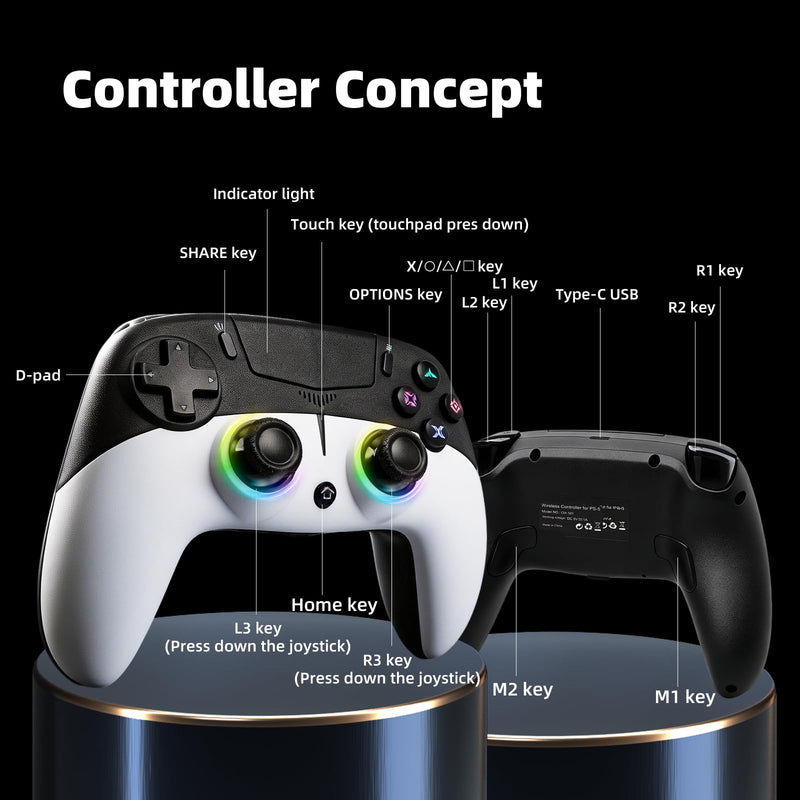 Geemaker Wireless Game Controller Compatible with PS5, PC, iOS, Mac, Android, Steam Deck, Dual Vibration Motor, 6-Axis Motion Control, Turbo Function, 3.5mm Audio Jack, Esports Grade Performance,Black & White