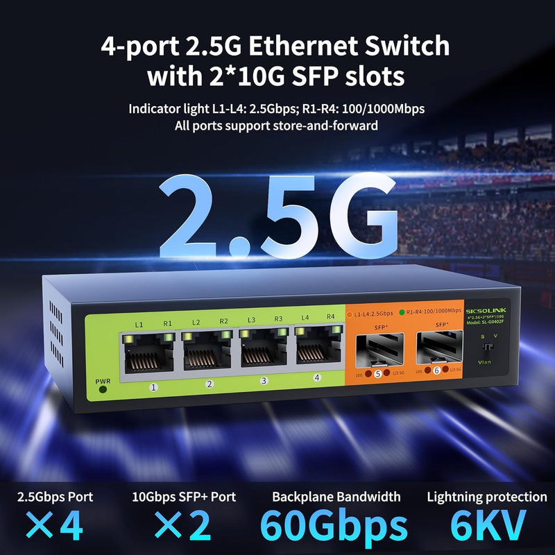 6 Port 2.5Gb Network Switch, 4x2.5G RJ45, 2x10G SFP+, Muti-gigabit, Unmanaged, Metal Case, 60G Bandwidth, Fanless, Compatible with 2.5gbe NAS, PC, AP SL-G0402F1