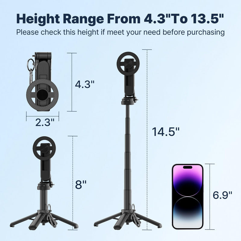 Magnetic Pocket Selfie Stick for iPhone, Lightweight Mini Selfie Stick Tripod with Detachable Remote, MagSafe Compatible, Foldable Extendable Phone Holder for Travel/Vlog/Video/Content Creators