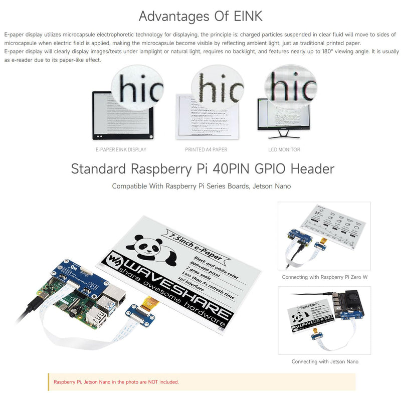 Waveshare 7.5inch E-Ink Display HAT Compatible with Raspberry Pi 5/4B/3B/Zero/Zero W/Zero 2W/Pico/Pico W/Pico WH, 800×480 Resolution SPI Interface