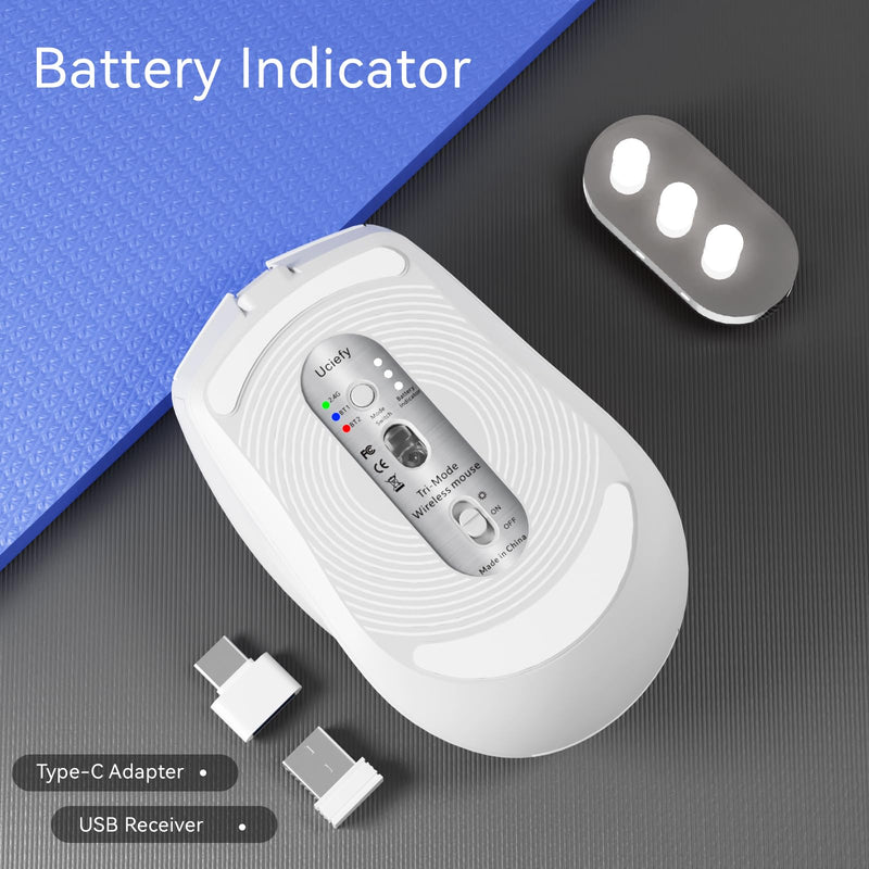 Uciefy Bluetooth Wireless Mouse, (BT5.0/5.1+2.4GHz) USB C Rechargeable LED Mouse Battery Level Visible, Honeycomb Magnetic Shell Cover with USB Receiver & Type-C Adapter for Laptop/PC/Mac/iPad-White white
