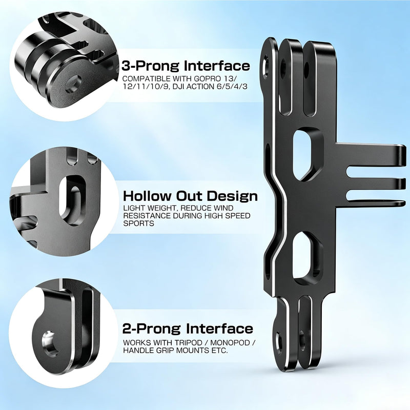 Aluminum Horizontal Vertical Dual Mount Adapter for GoPro 13/12/11/10/9 | Twin Cameras Mount Bracket for DJI Action 6/5/4/3, for Insta360 Ace/Pro/Pro2, Expand Mount for LED Fill Light / Microphone