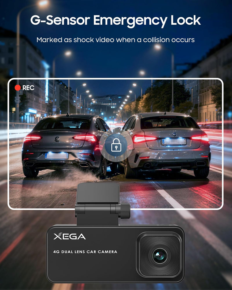 XEGA 4G Dual Dash Cam with Live View OBD Powered Anti Vandalism Car Camera | 2K HD, 24/7 Sentry Mode, APP Alert, GPS Tracking, No WiFi No Screen, Non-replaceable Built-in SIM Card, Only Works in the US