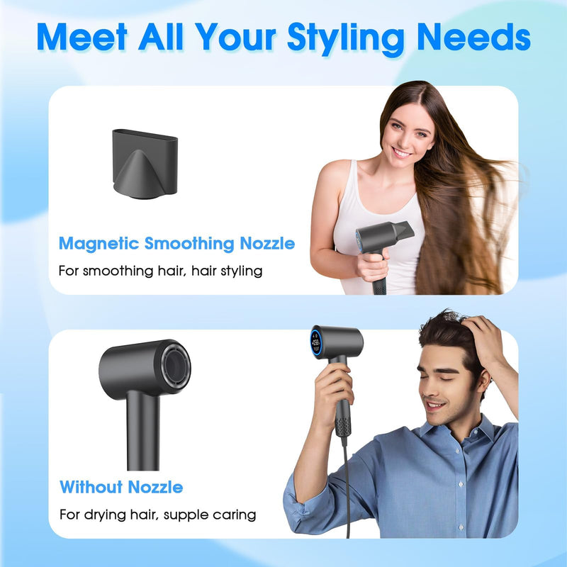 KARFUN Professional Hair Dryer, 200 Million Plasma Hair Dryer, HD Display | 110.000 RPM Motor for Fast Drying, Low Noise Thermo-Control, with Magnetic Nozzle, Ionic Frizz-Free Conditioning (Dark Grey) Dark Grey