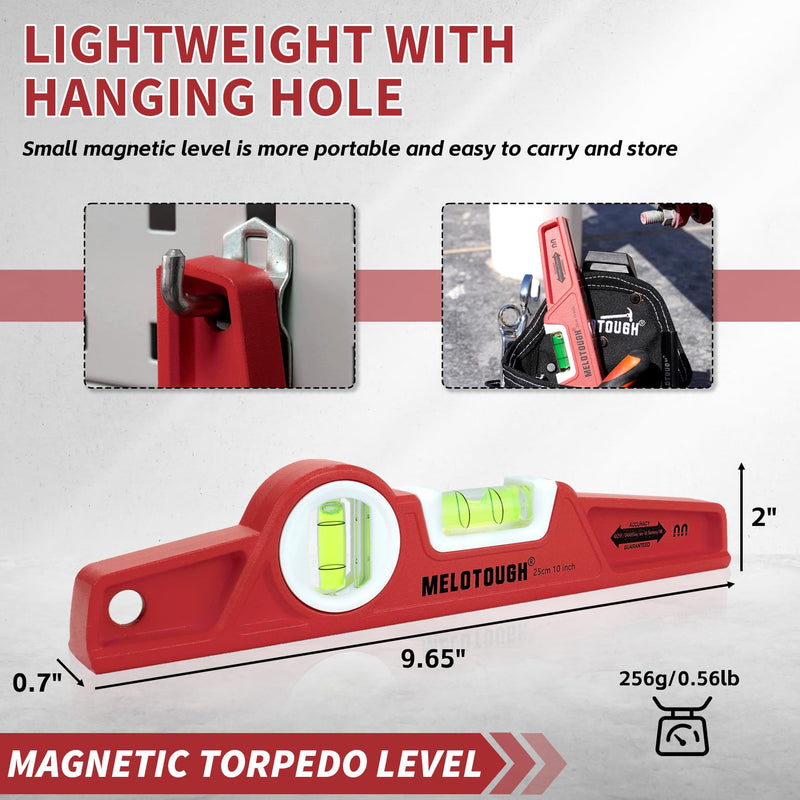 MELOTOUGH 10 Inch Die-Cast Magnetic Torpedo Level,Magnetic Level for Carpenter,Construction,Scaffolding, Plumbing Torpedo Level with Rare Earth Magnet,Pencil and Holster,Red,2PCS Red-2PCS