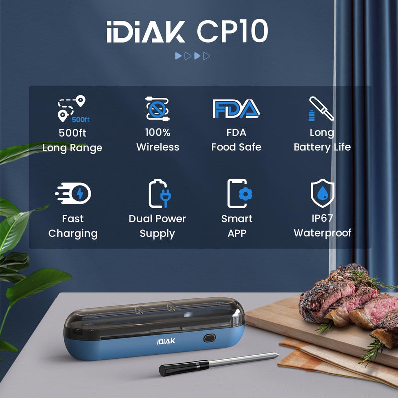Wireless Meat Thermometer for Grilling and Smoking, CP10 New Gen 500FT Meat Probe Thermometers, Dual Sensor, Dual Alarm, Smart Food Thermometer Probe for BBQ, Oven, Grill, Smoker, Sous Vide Black
