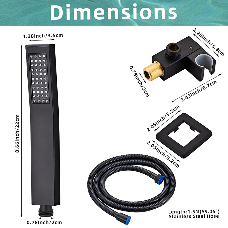 Black square hand shower head, handheld shower head with hose,brass High pressure flushing With adjustable water supply elbow Wall mount connector Shower bracket and hose set Black