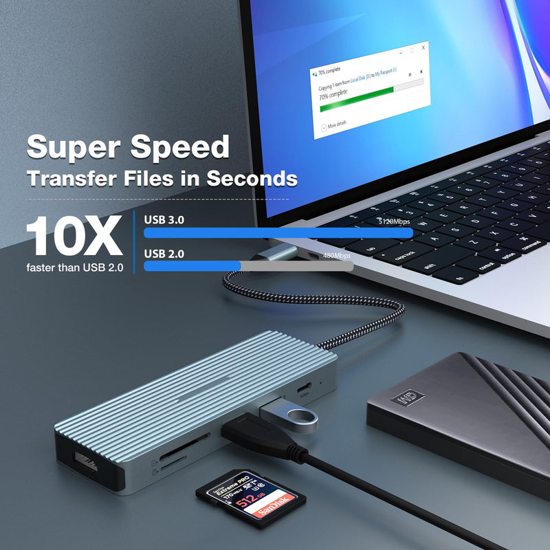 10 in 1 USB C Hub, Adapter with 4K HDMI, 2 x USB 3.0, USB-C 3.0 Data, 2 x USB 2.0, 100W PD, SD/TF, Audio Jack, Dock Compatible with Laptops, iPad