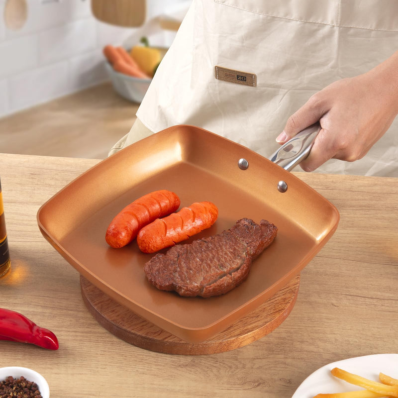Toutrop Non-Stick Copper Square Frying Pan, 9.5" Chef Skillet with Ceramic Coating, Oven Dishwasher Safe, PFOA-Free, Home Use for All Stoves 9.5 Inch