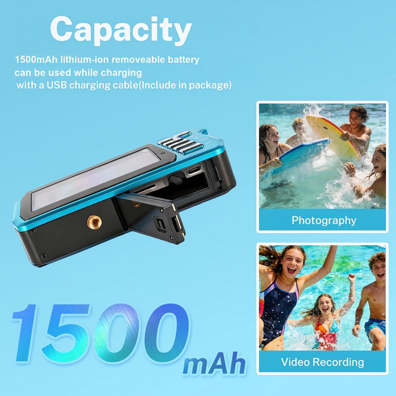 Underwater Camera 4K 48MP, Dual-Screen Waterproof Digital Camera, 10.83FT Dive for Swimming Travel, 16X Zoom Fill Light, 32GB Card, Blue