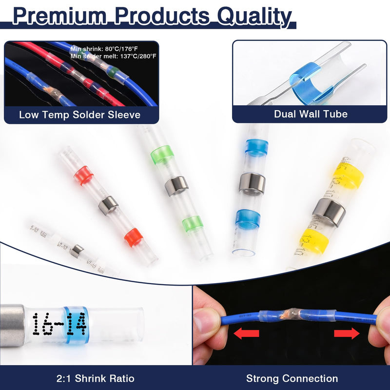 ZQZ 540PCS Solder Seal Wire Connectors Kit, Heat Shrink Solder Stick, Waterproof Soldering Butt Connectors, Electrical Crimpless Solders Wire Terminals Assortment Kit, Marine Butt Splice Connector Solder Seal 540PCS