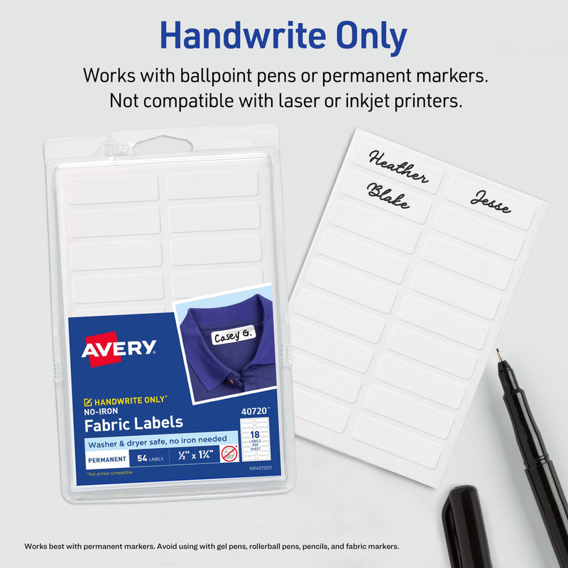 Avery No-Iron Fabric Labels, 1/2" x 1-3/4", Washer and Dryer-Safe Waterproof Labels, Non-Printable, 180 Total (40721) 1/2" x 1-3/4"