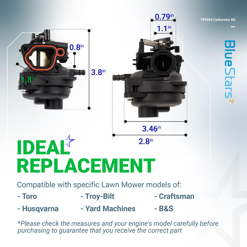 BlueStars 799584 592361 Carburetor - Compatible with 550EX 625EX 675EX 725EXI 140cc Engines Husqvarna LC121P Troy-Bilt TB110 TB200 B110 Lawn Mower - Replaces 594058 594057 594529