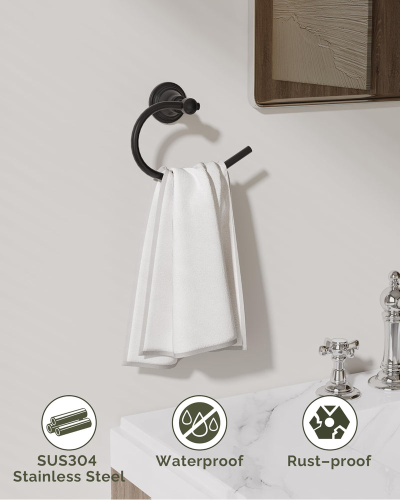 Towel Ring 2 Pack, Stainless Steel Hand Towel Holder for Bathroom Wall Mount, Heavy Duty Towel Hanger for Kitchen, Bath, RV (Matte Black) Matte Black