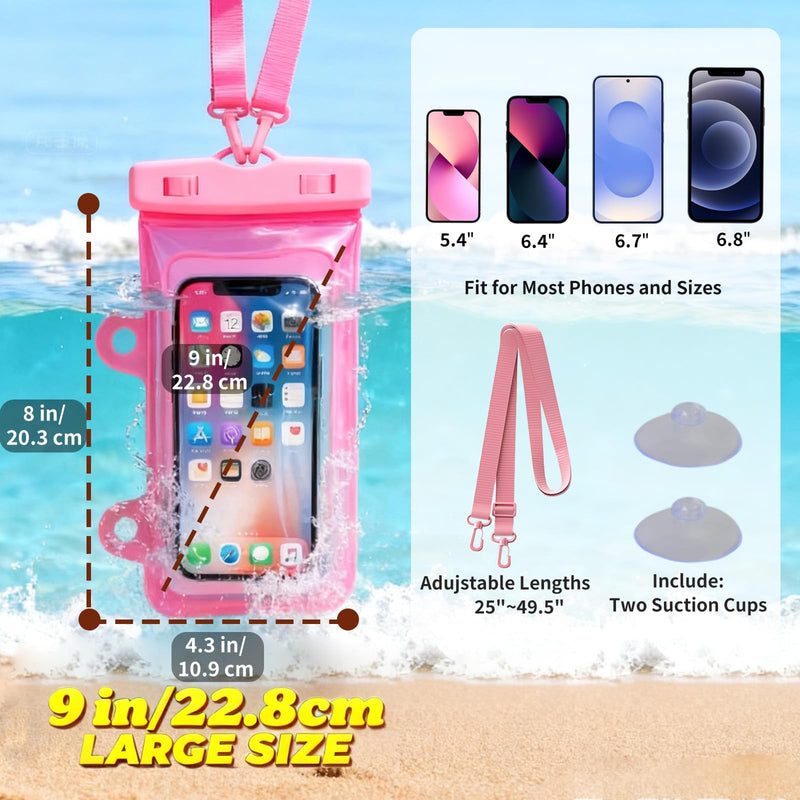 Larger Waterproof Phone Pouch iPhone &Shower Phone Holder Waterproof with 2 Suction Cups,Water Phone Protector Pouch with Adjustable Lanyard for iPhone 17 16 ProMax (Black+Pink, 2 PCS) Black+Pink