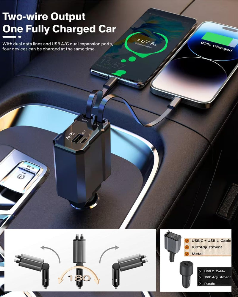 Retractable Car Charger, 4 in 1 Fast Car Charging USB C | Road Trip Essentials, Travel Essentials, Compatible with iPhone 16 15 14 13 12, Compatible with Samsung