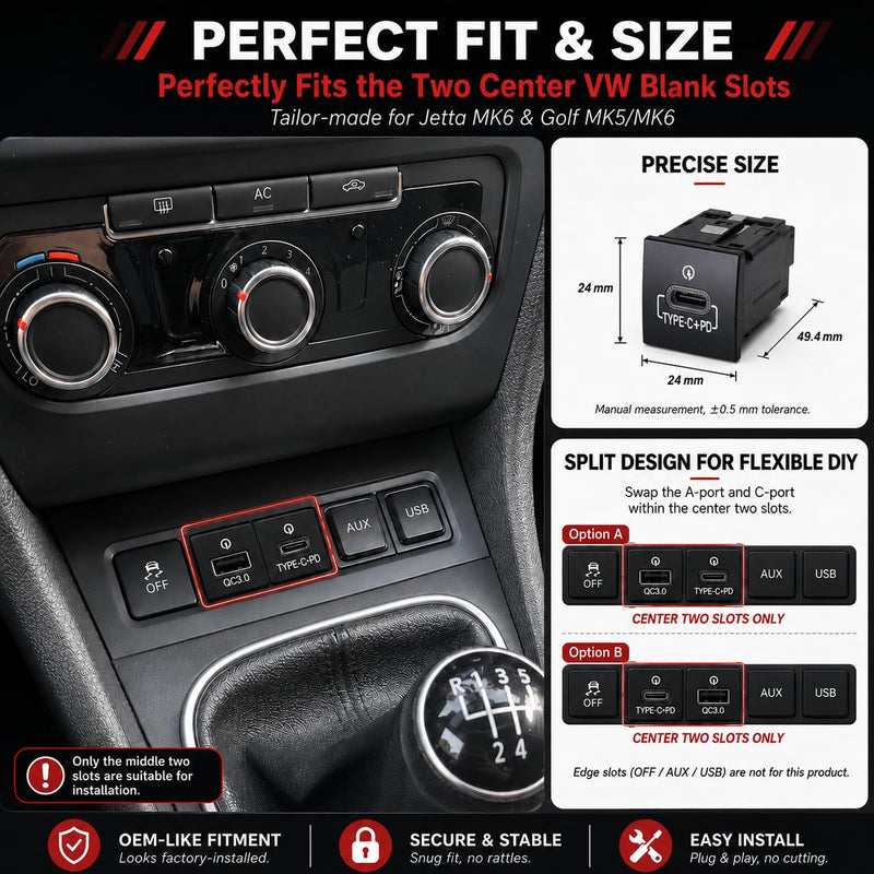 VW Jetta MK6 Golf MK5 MK6 Accessories, 72W Fast Car Charger with Red LED | For Jetta MK6 2010-2014 Golf GTI MK5 MK6 2006-2013 36W PD + 36W QC3.0 Keeps phone & GPS fast-charging, Driving with red light