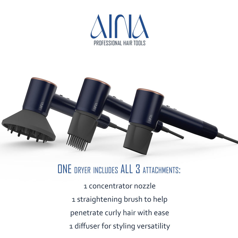 AINA High Speed Hair Dryer with Diffuser Comb | Brushless motor | Ionic | Lightweight | Compact Size | Magnetic Attachments 3a Blue