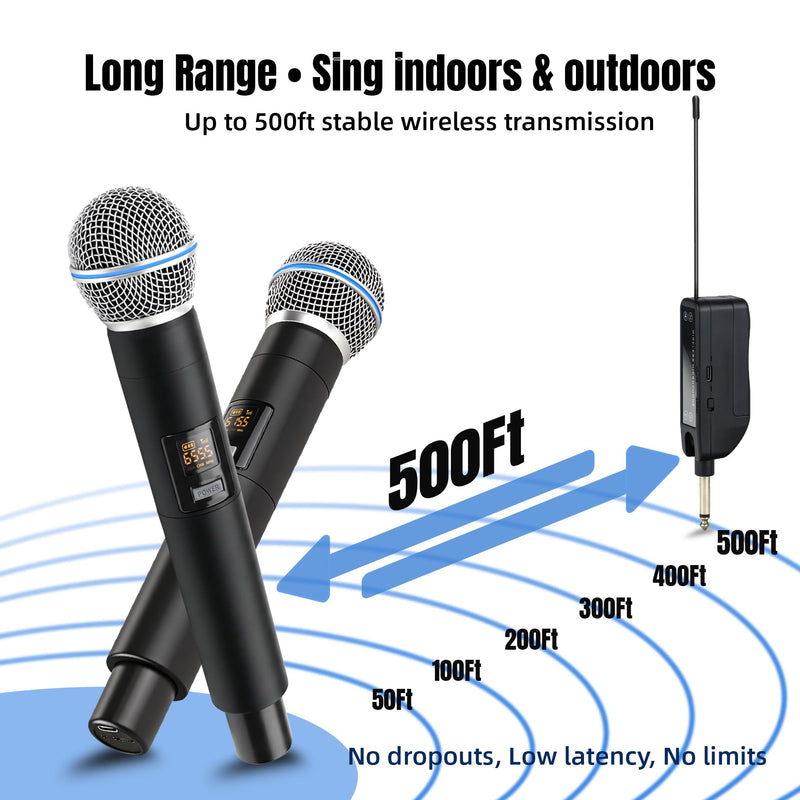 Wireless Karaoke Microphone, Dual Wireless Microphone 2.4G 492 ft Range, Handheld Microphone Wireless Set, Microphone for Karaoke Machine, PA Speaker, Mixer, Microphone for Singing