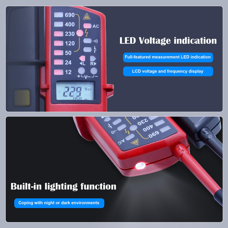 UNI-T UT18C Waterproof Voltage Tester Professional 12V~690V Voltage and Continuity Tester Multifunction Digital Electrical Voltage Meter AC/DC Automatic Range LCD Display