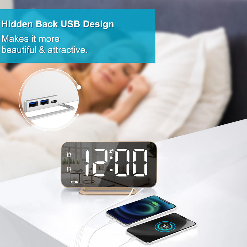 Slim LED Digital Alarm Clock, Mirror Surface for Makeup, with Diming, Large Display, Easy Setting, USB Charger Ports, Modern Bedroom, Desk, Office Living Room Decor, Christmas Birthday for Women Girl Gold