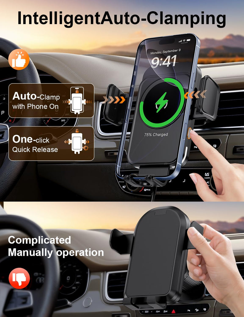 Wireless Car Charger, 15W Car Phone Holder Charger for iPhone 17 16 Series | Auto Clamping & Alignment, 360° Rotation Hand Free Phone Holders for Your Car Dashboard Windshield Air Vent Car Accessories Black