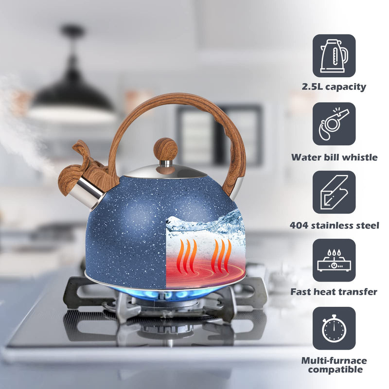 Whistling Tea Kettle for Stovetop, 2.6 Quart Stainless Steel Water Teapot Boilers for Stovetops, Induction Stone Kettle with Loud Whistle - Perfect for Preparing Hot Water, Coffee,Milk (Blue) Blue