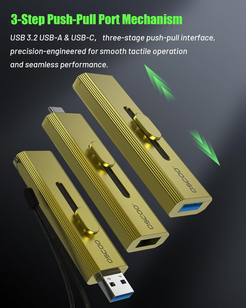 1TB Portable SSD, Up to 1000MB/s, USB 3.2 Gen 2 External Solid State Drive, Dual USB-C & USB-A Ports, Push-Pull Design, Compatible with iPhone 15/16/17, Android, Mac, Windows 1TB