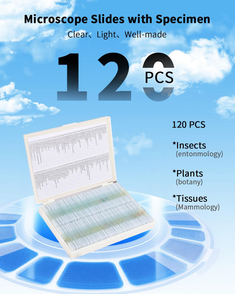 120-Pcs Microscope Slides with Specimens,Plant, Animal, Algae,etc,Educational Microscope Slides and Covers for Young Scientists,Perfect for Biology Class and Experiments 120pcs