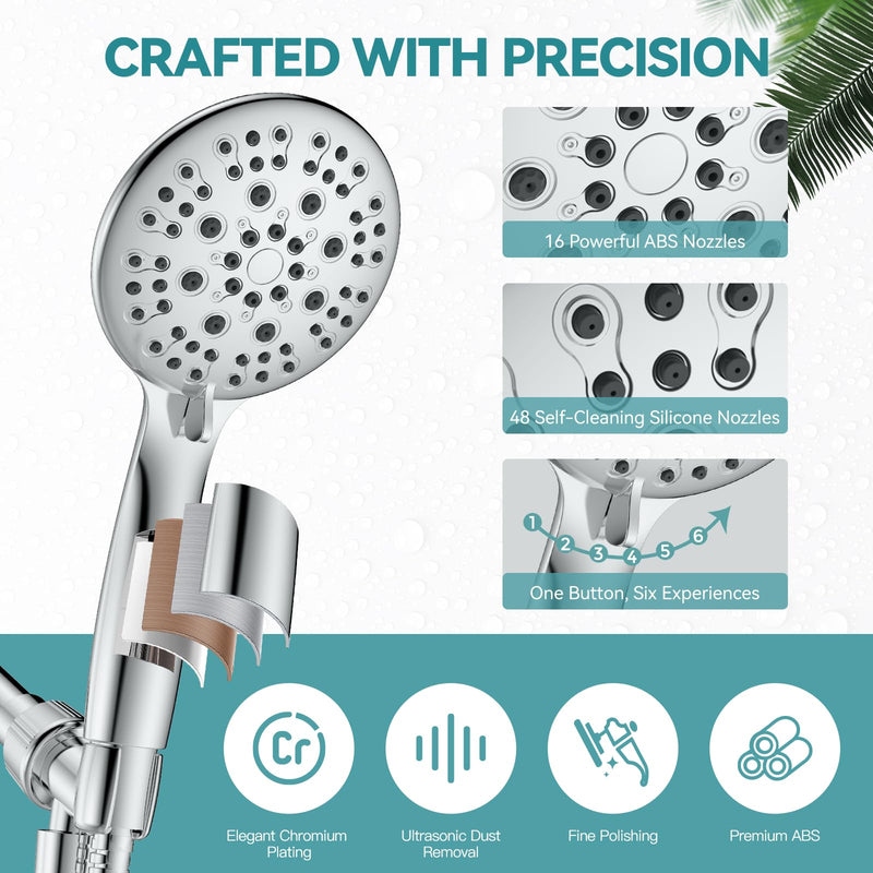 High Pressure Shower Head with Handheld, JDO 6 Spray Settings Handheld Showerhead, 4.3" High Flow Rain Showerhead Set with 59" Stainless Steel Hose and Adjustable Bracket for Bathroom, Gym, Hotel Chrome