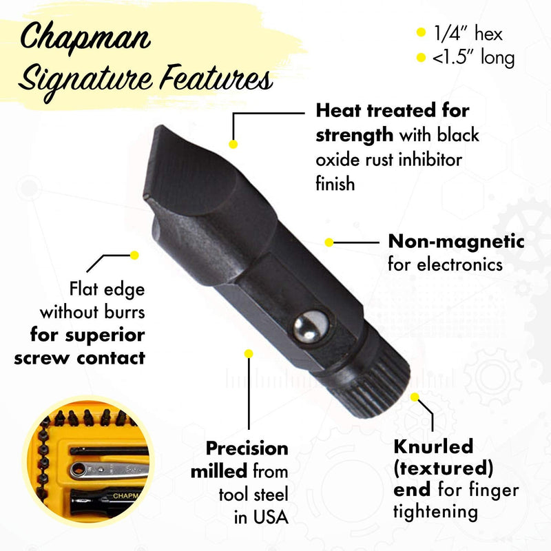 Chapman MFG 7331 All-Purpose Standard Screwdriver Set - Includes Phillips, SAE Allen Hex & Slotted/Flathead Bits - Complete Set Offers 24 USA Made Insert Bits + Mini Ratchet Hand Tool (Yellow Case)