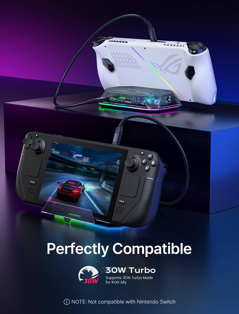 JSAUX RGB Docking Station for Steam Deck (OLED)/ROG Ally/Legion Go, 12-in-1 Handheld Dock with 4K@120Hz HDMI & DisplayPort Gigabit Ethernet USB C 3.2 USB A 3.2/2.0, SD/TF Slots 3.5mm Jack-HB1201S Crystal