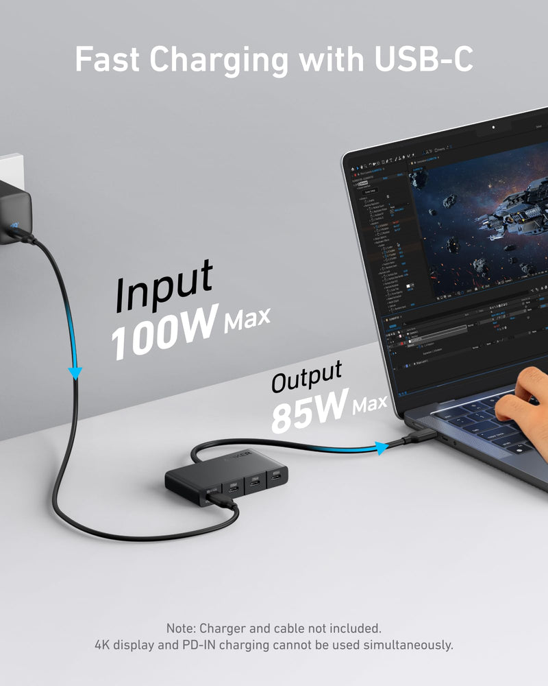 Anker USB-C Hub, Fast 10Gbps USB 3.2 Display Hub, USB-C to 4-Port Hub with 100W Max PD-in for MacBook Pro, iPad, iPhone 15, Surface Pro, Dell and More