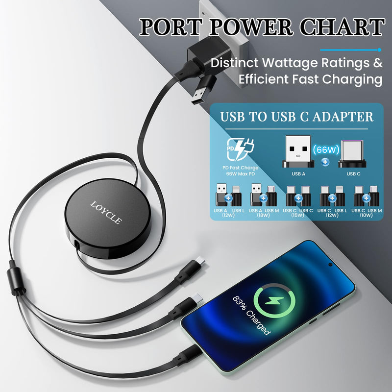 6 in 1 Multi Charger Cable Retractable USB C Cable 1.1m Fast Charging – Up to 66W PD Works with 100W PD Adapter Universal Multi Device Charger for Car and Travel