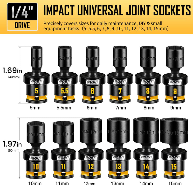 BOEN 12-Piece 1/4" Drive Metric Impact Swivel Socket Set (5-15mm), 6-Point Shallow Wobble Sockets, Cr-Mo Steel, Includes Storage Rail