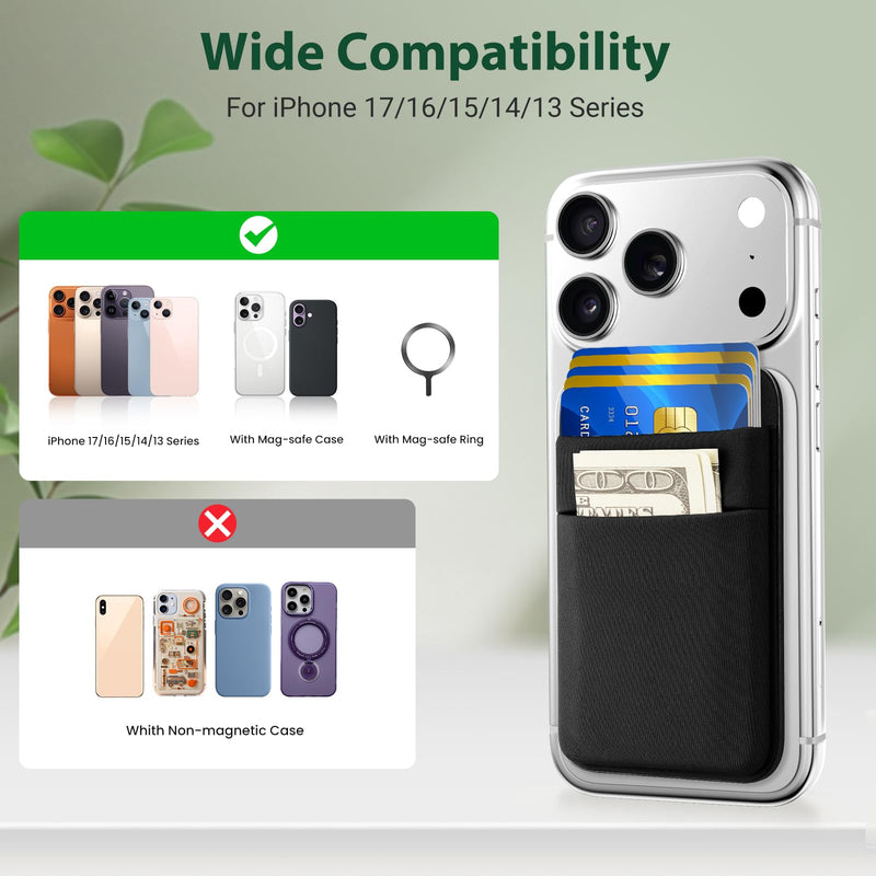 Wallet Compatible with Magsafe, Stretchy Fabric 2600Gs Secure Magnetic Strength Minimalist Wallet Phone Credit Card Holder Compatible with iPhone 17 16 15 14 13 12 Magnet Case Black