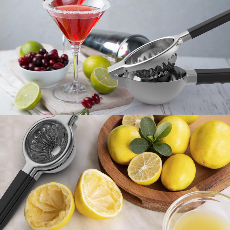 Stainless Steel Lemon Squeezer - Metal Citrus Juicer - Lime Lemon and Fruit Juicer with Silicone Handles - Large Manual Citrus Press Juicer - Hand Held Squeezer - Ergonomic Design with Solid Black