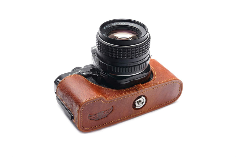 Pentax Super A Case, BolinUS Handmade Genuine Real Leather Half Camera Case Bag Cover for Pentax Super A Camera with Hand Strap (LavaBrown) LavaBrown