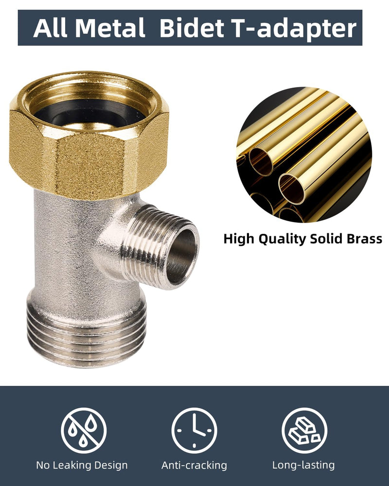 Hibbent Bidet T Adapter, Metal T Valve for Bidet(7/8” x 7/8” x 3/8”) or (15/16" x 15/16" x 9/16"), 3 Way Tee Connector Bidet Attachment for Toilet 15/16" Tee 15/16"-15/16"-9/16"