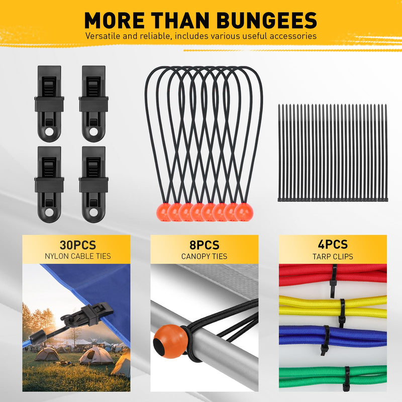ELEAD 33 Piece Premium Bungee Cords Assortment Jar, Includes 10", 18", 24", 32", 40" Bungee Cord with Hooks, 6" Nylon Cable Ties, 8" Canopy Tarp Ball Ties and Tarp Clips