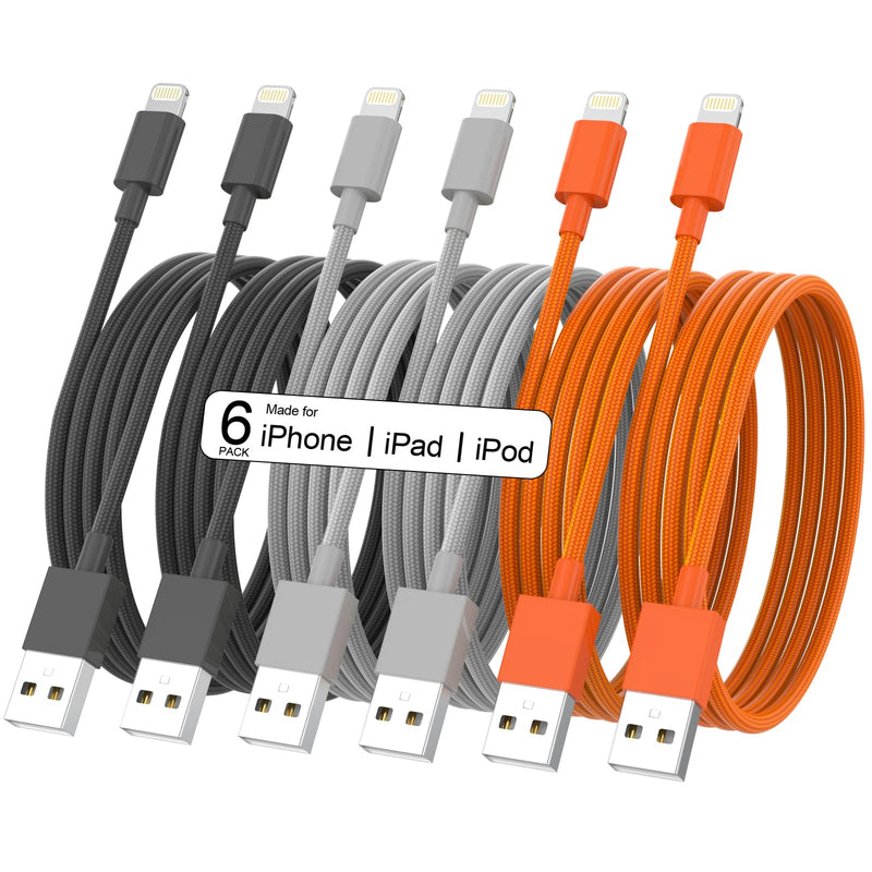 [Apple MFi Certified] 6Pack(3/3/6/6/6/10 FT) Original iPhone Charger Fast Charging Lightning Cable iPhone Charger Cord Compatible with iPhone 14/13/12/11 Pro Max/XS MAX/XR/XS/X/8/7 Plus iPad AirPods Black Grey Orange