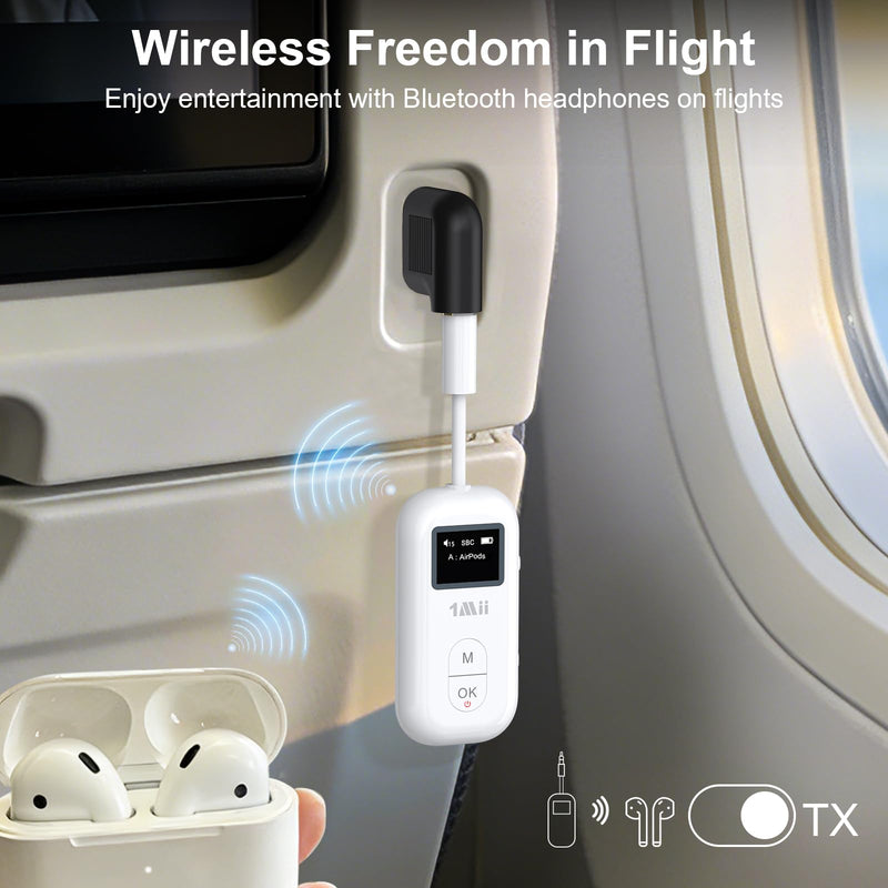 1Mii SafeFly Pro Airplane Bluetooth Adapter for AirPods Wireless Headphones | 3.5mm AUX Bluetooth Transmitter Receiver with Screen, Dual Link for Travel Flight, TV, Gym, Car/Home Stereo, 25H Battery White
