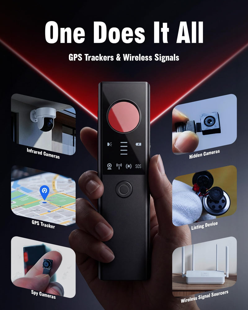 Hidden Camera Detectors - 6-in-1 GPS Tracker & Bug Detector, Anti-Spy Device, Portable Privacy Protector for Solo Users/Hotel/Office/Home/Car with Intrusion Alert & SOS Flash Alert, Black