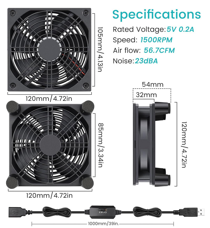 Wathai Cooling Case Fan for Receiver DVR Xbox TV Box Router 120mm x 25mm 5V USB Power 120mm USB fan
