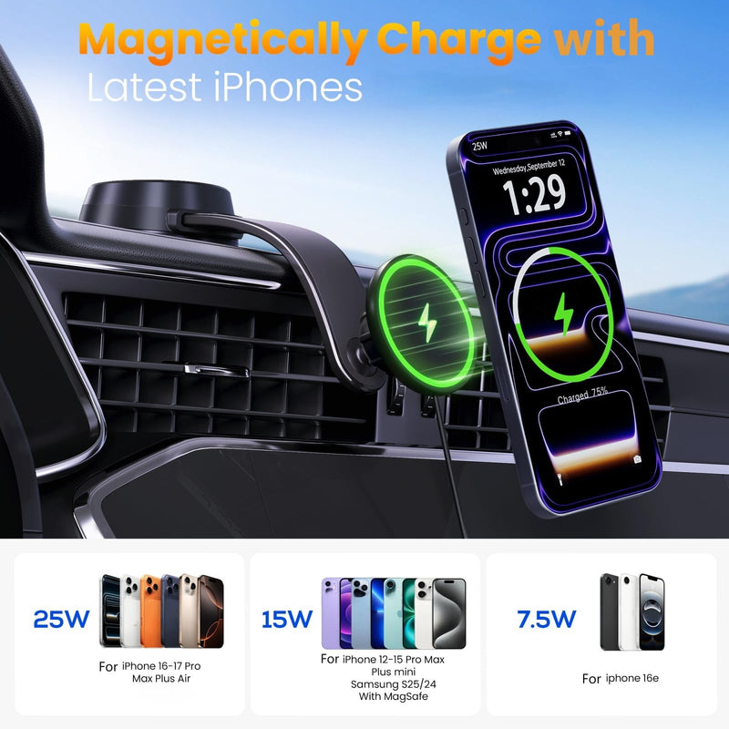 Upgrade for Qi2.2 25W for MagSafe Wireless Car Charger Mount, Space Black | 2XFast Charging [90+LBS Safe Suction] Magnetic Phone Holder Dashboard Windshield Vent for iPhone 17/16/15/14/13/12 Pro Max